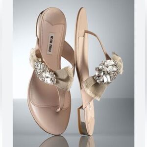 MIU MIU Patent Leather Crystal Embellishment Slides Nude Bow Thong Sandals Sz 35